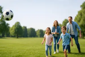 A family playing soccer in a park, with a soccer ball in the air and the parents and children all smiling