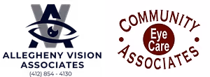 Two logos, one for Allegheny Vision Associates and the other for Community Eye Care Associates, both displayed on contrasting black and white backgrounds.