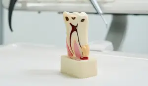 A dental model showcasing the anatomy of a tooth, including the crown, roots, and pulp.