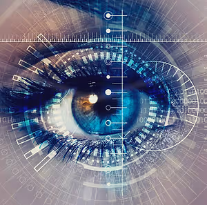 Blue eye with digital patterns and grid overlay