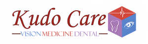 Logo for Kudlo Care, featuring a red cube with a heartbeat line, a tooth, and an eye, set against a dark background.