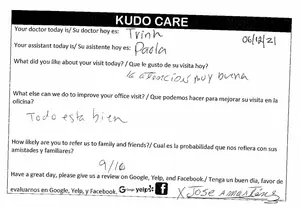 A survey form in both English and Spanish asks about the patient's visit experience, satisfaction, and likelihood of referring the service to others, with a signature line for the patient's response.