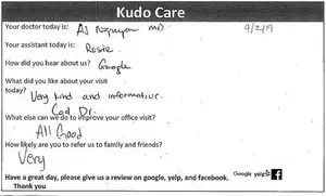 A white paper form titled 'Kudo Care' with handwritten responses about a medical visit, including the doctor's name, assistant's name, and patient feedback.