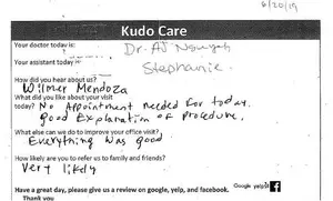 A document titled 'Kudo Care' with handwritten comments from a patient's visit, including feedback and a request for a review.