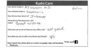 A feedback form from a patient at a healthcare facility, titled 'Kudo Care', with handwritten responses about their visit experience.