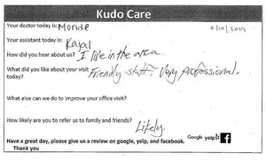 A handwritten survey form with comments about a doctor and staff, dated February 10, 2019, includes feedback on a visit and a request for a review on Google, Yelp, and Facebook.