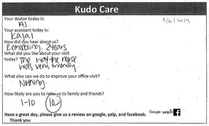 Medical survey form with personal information and feedback for a doctor's office visit.