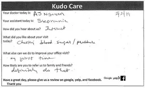 A document from 'Kudo Care' features handwritten text in black ink on white paper, dated '2/2/19'. It includes details about a patient's visit, such as the doctor's name, assistant's name, how the patient heard about the service, and their feedback on the visit.