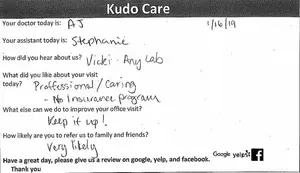 A document displays a survey form with text about a medical office visit, including details about the doctor, assistant, and patient feedback.