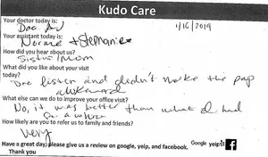 Customer feedback form from Kuda Care with handwritten responses and comments from a patient about their visit on January 16, 2019.