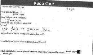 A handwritten feedback form from a dental office asking about the patient's experience, with sections for the doctor's name, assistant's name, and comments on the visit. The form also requests a review on Google, Yelp, and Facebook.