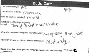 A document titled 'Kudo Care' with handwritten comments about a medical office visit, including details about the doctor, assistant, and patient feedback.