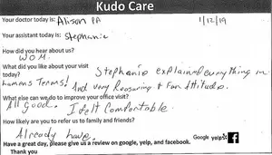 Patient feedback form with comments about the visit, the doctor, and the assistant, along with the date and names of the doctor and assistant.