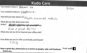 A medical office feedback form includes details such as the date, doctor's name, assistant's name, and questions about the visit experience.