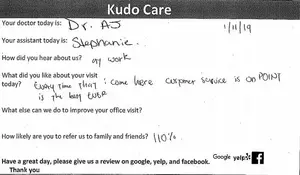 Customer feedback form from a medical office, dated January 11, 2019, showing details about the visit and a request for a review.