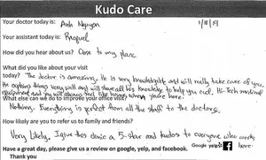An image of a handwritten survey form titled 'Kudo Care' asking about the patient's experience at a medical clinic, featuring details like the doctor's name, the assistant's name, and the patient's feedback on the visit.