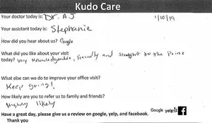 Feedback form for a medical office visit with the doctor's name, assistant's name, and patient's feedback on their visit.