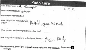 A document titled 'Kudo Care' with handwritten feedback from a patient, dated 01/08/19, includes a note about receiving medicine and a request for a review on Google, Yelp, and Facebook.