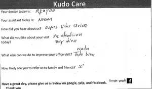 Image of a feedback form from Kudo Care with handwritten responses in Spanish, including comments about the doctor and assistant, how the patient heard about the service, what they liked about the visit, and a request for improvement. It also asks about the likelihood of referring the service to others and requests a review on Google, Yelp, and Facebook.