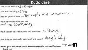 A handwritten feedback form for Kuda Care, with questions about the patient experience and likelihood of referral, includes signatures and contact information for reviews.