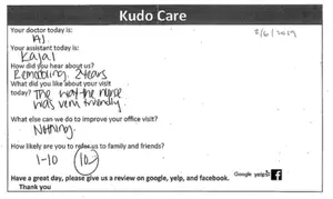 A survey form titled 'Kudo Care' with handwritten comments and ratings about a doctor's visit, including the doctor's name and the date.