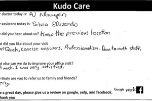 A handwritten survey form titled 'Kudo Care' with questions about a visit, satisfaction, and likelihood of referral, along with a request for a review.