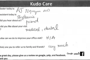 A feedback form from a medical office asking about the patient's visit experience and willingness to refer others.