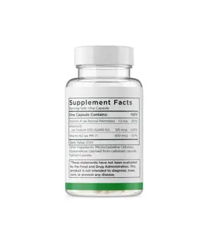 A white bottle with a green and white label displaying 'Supplement Facts' with nutritional information.