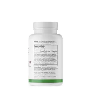 A white bottle with a green label contains dietary supplements.