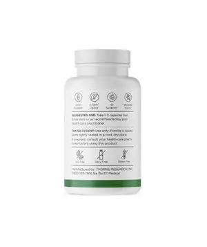 A white bottle of Thorne Research Inc. supplement with a green band around the middle, displayed on a white background.