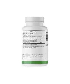 A white bottle with a green label displaying supplement facts and ingredients.