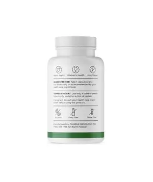 A white bottle of Thorne Research Inc. Women's Health supplement with green trim, displayed on a white background.