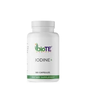 Picture of a white bottle with green lettering and lid, containing 180 Iodine+ capsules, a dietary supplement