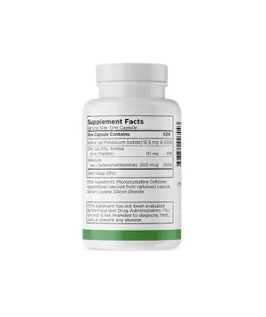 A white bottle with a green stripe contains a supplement labeled as Potassium Iodide, Zinc Amino Acid Chelate, and Selenium.