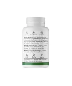 A white bottle of Thorne Research dietary supplement with a green label and white text, displayed on a white background.