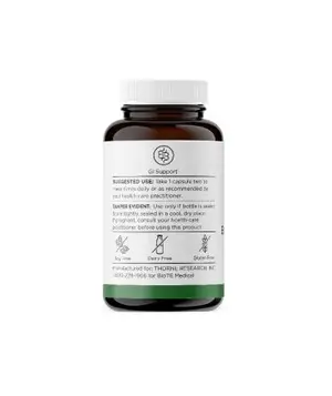 A bottle of Thorne Research's GI Support supplement with a white lid, displayed on a white background.
