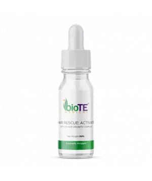 A bottle of BioTE Hair Rescue Activate with a white cap on a black background.