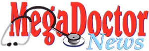 Mega Doctor News logo with a stethoscope icon on a black background