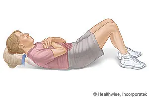 Illustration of a woman performing a sit-up exercise on a floor.