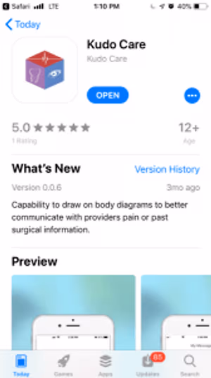 A screenshot of the Kudou Care app interface on a smartphone, showing a rating of 5.0 stars and a new feature description.