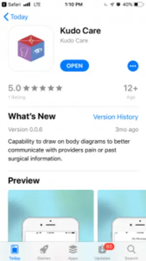 A screenshot of the Kudou Care app interface on a smartphone, showing a rating of 5.0 stars and a new feature description.