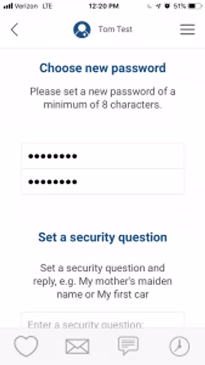 Screenshot of a password reset screen on a mobile device, showing fields for a new password and a security question.