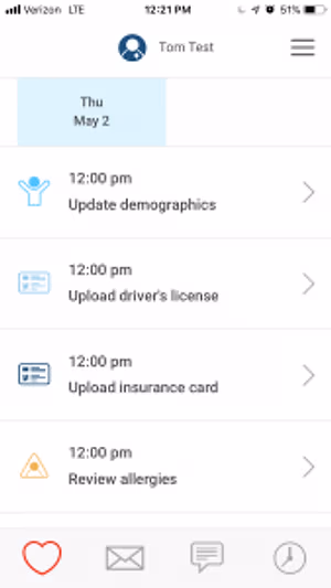 The screenshot of a mobile phone displaying a list of tasks with icons and text, including update demographics, upload driver's license, upload insurance card, and review allergies, with a time stamp of 12:00 pm on Thursday, May 2.