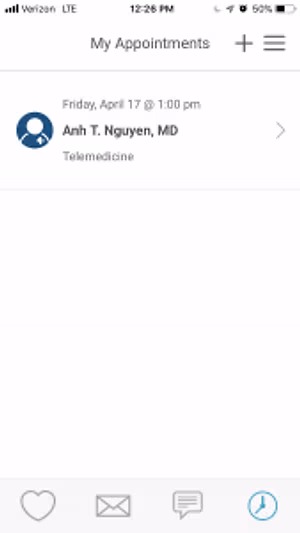 Appointments screen showing details of a telemedical appointment with Dr. Anh T. Nguyen on April 17th at 1:00 PM.