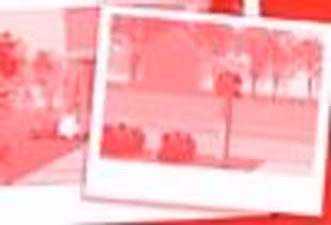 A blurry red-toned image featuring a building with a roof, trees, and a person in the foreground, along with another person in the background on the left side, all set against a pink background.