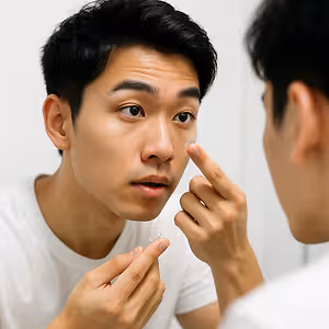 A man in a white t-shirt is looking at his face in the mirror and adjusting his contact lens.