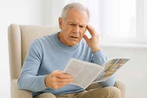 Elderly man sitting on a chair reading a magazine while holding his head