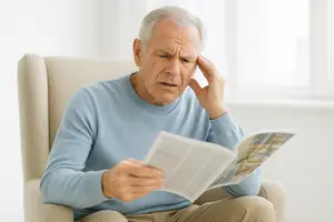 Elderly man sitting on a chair reading a magazine while holding his head