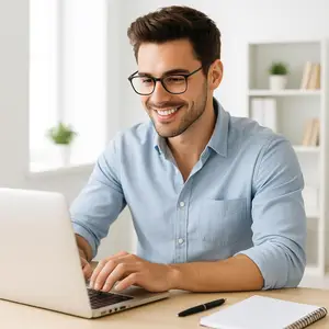 A man wearing glasses and a blue shirt is smiling while using a laptop on a desk.
