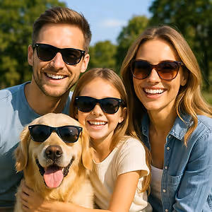 A family is smiling for a picture in a park with a golden retriever wearing sunglasses
